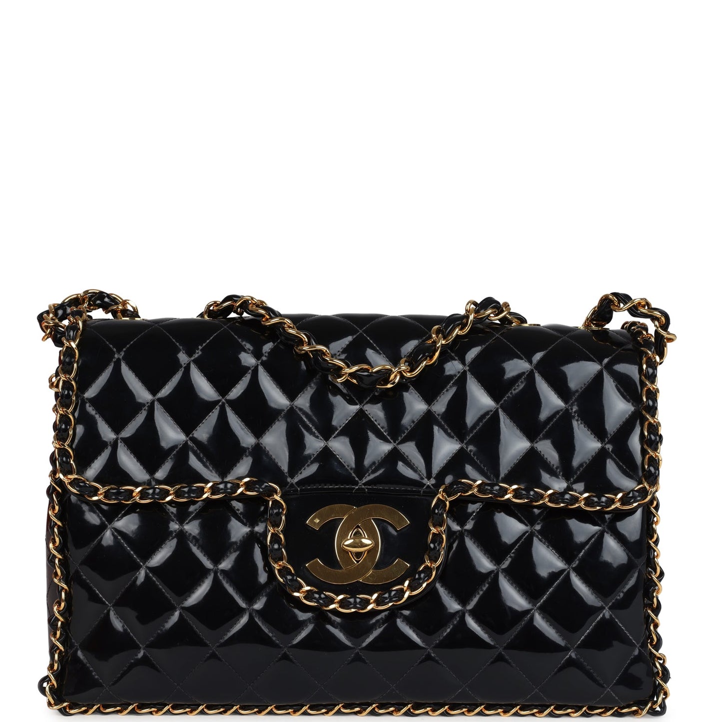Vintage Chanel Maxi Classic Chain Around Single Flap Bag Black Patent Gold Hardware