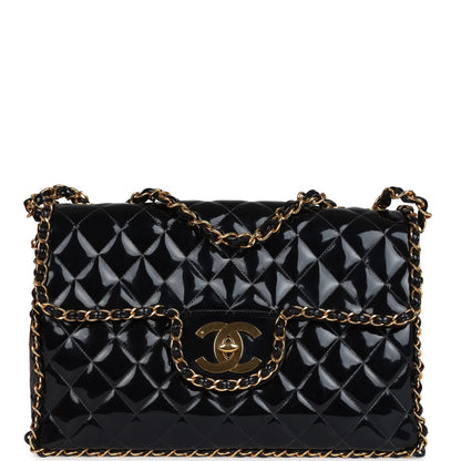 Vintage Chanel Maxi Classic Chain Around Single Flap Bag Black Patent Gold Hardware