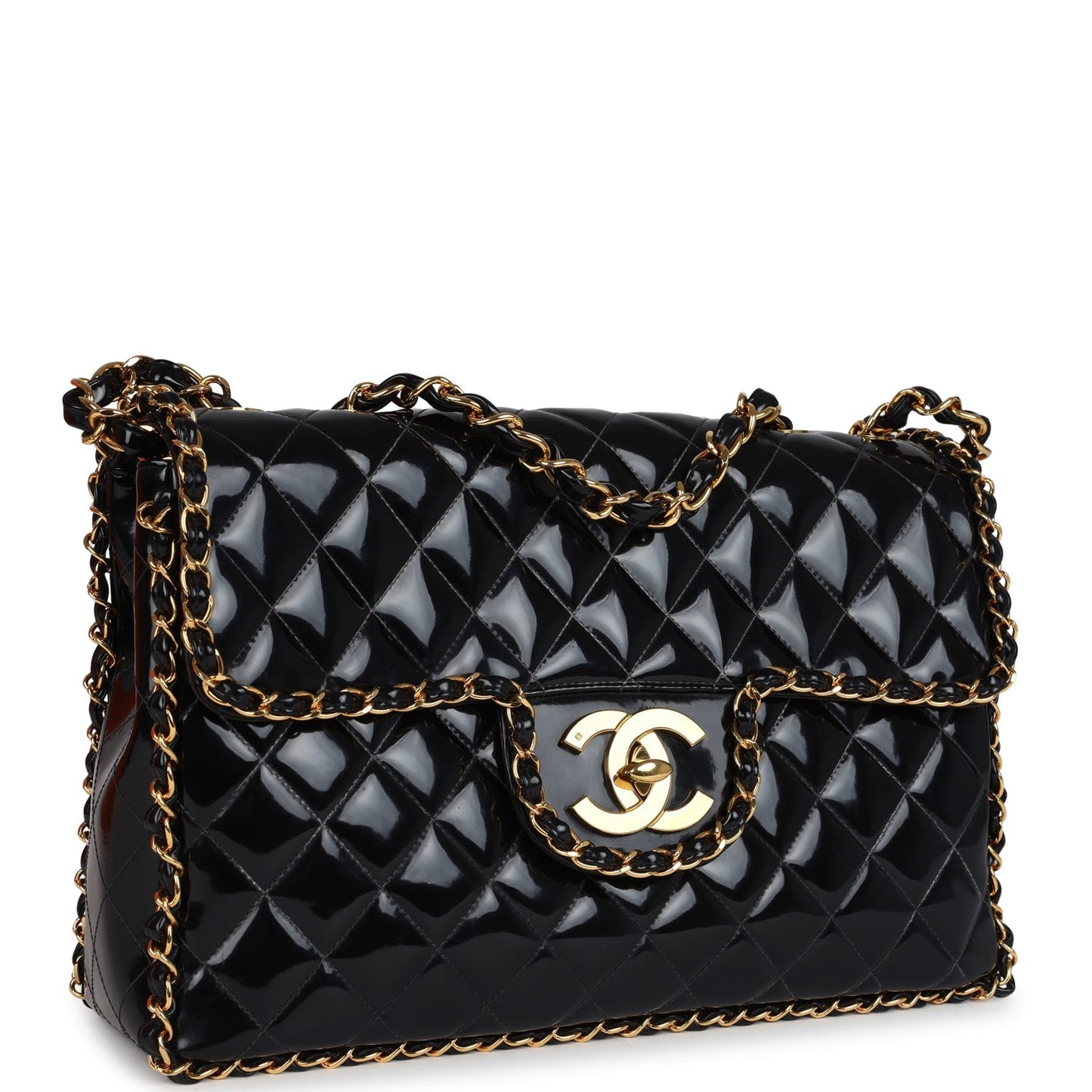 Vintage Chanel Maxi Classic Chain Around Single Flap Bag Black Patent Gold Hardware