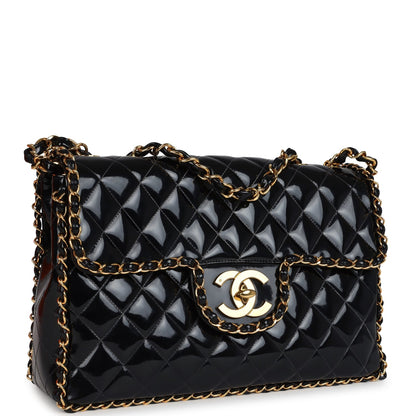 Vintage Chanel Maxi Classic Chain Around Single Flap Bag Black Patent Gold Hardware