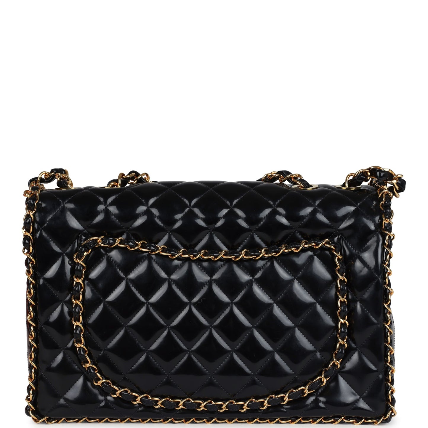Vintage Chanel Maxi Classic Chain Around Single Flap Bag Black Patent Gold Hardware