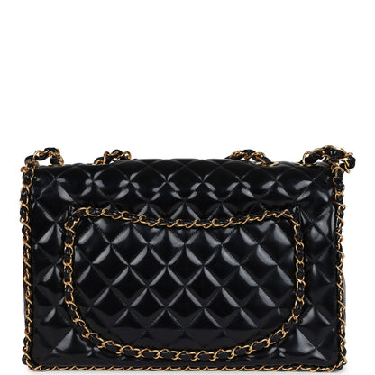 Vintage Chanel Maxi Classic Chain Around Single Flap Bag Black Patent Gold Hardware