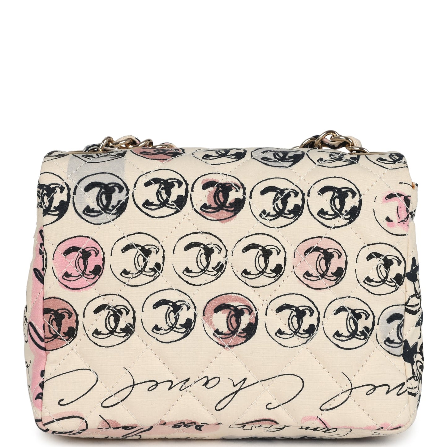 Vintage Chanel Mini Logo Square Flap Bag Light Pink Multi Printed Nylon Light Gold Hardware