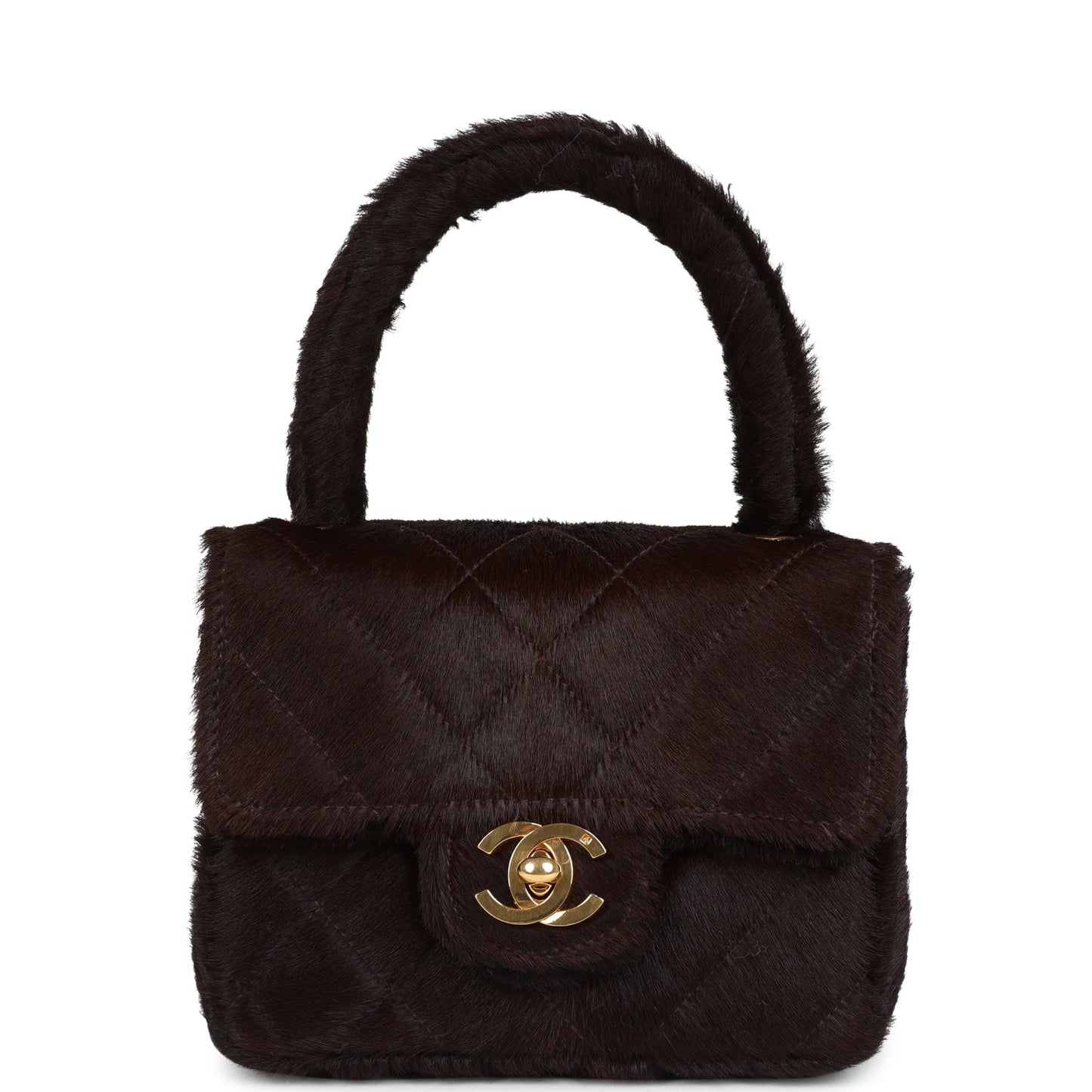 Vintage Chanel Micro Kelly Child Dark Brown Pony Hair Gold Hardware
