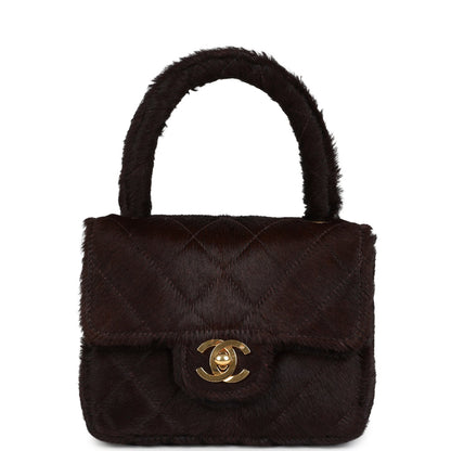 Vintage Chanel Micro Kelly Child Dark Brown Pony Hair Gold Hardware