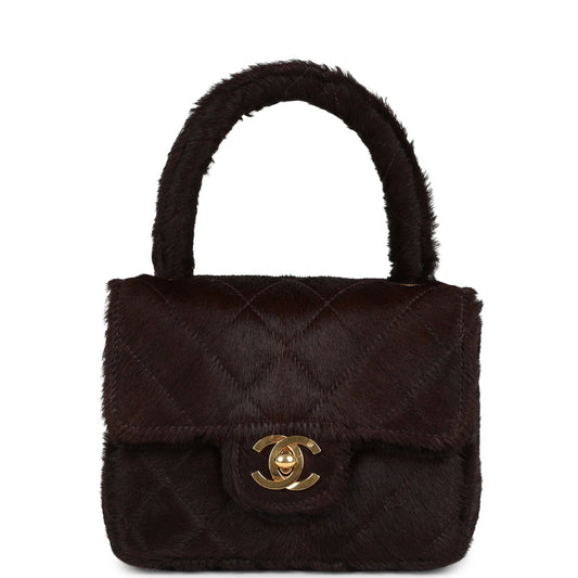 Vintage Chanel Micro Kelly Child Dark Brown Pony Hair Gold Hardware