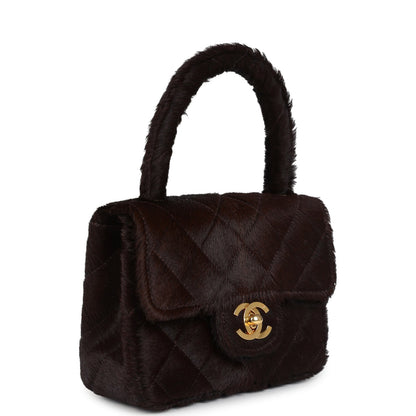 Vintage Chanel Micro Kelly Child Dark Brown Pony Hair Gold Hardware