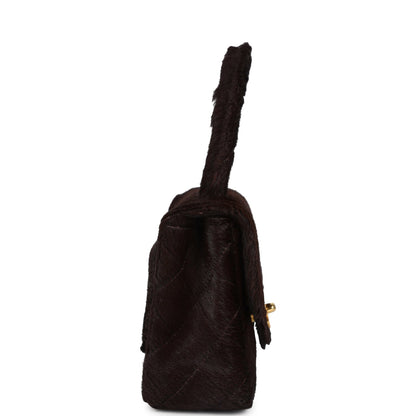 Vintage Chanel Micro Kelly Child Dark Brown Pony Hair Gold Hardware