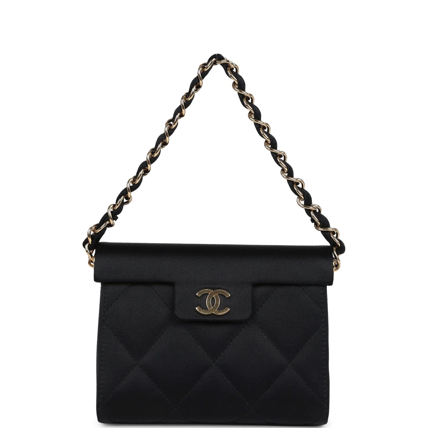 Vintage Chanel Mini Evening Handbag Bag Black Satin Gold Hardware