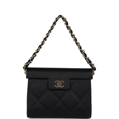 Vintage Chanel Mini Evening Handbag Bag Black Satin Gold Hardware