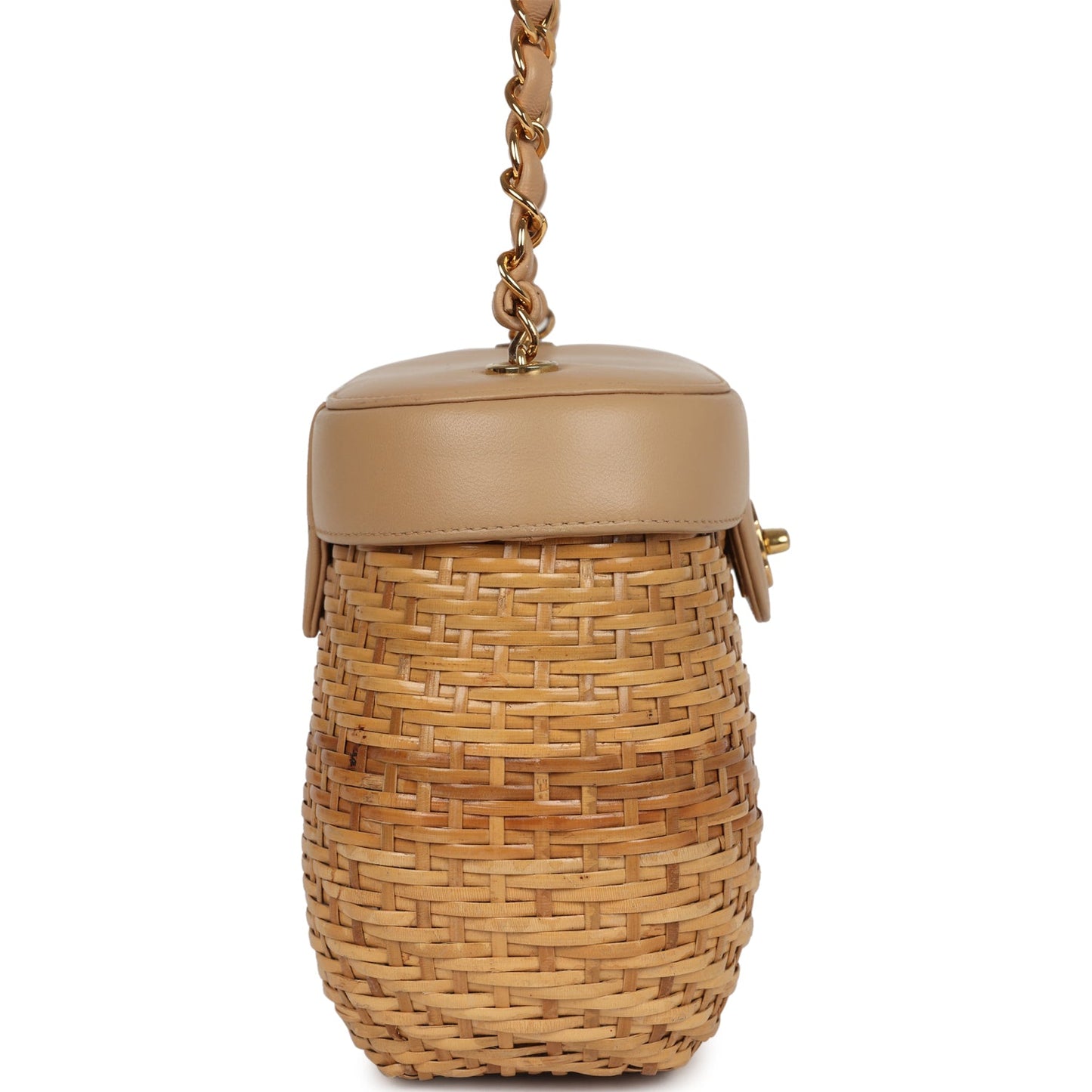 Vintage Chanel Basket Bag Beige Lambskin and Rattan Wicker Gold Hardware