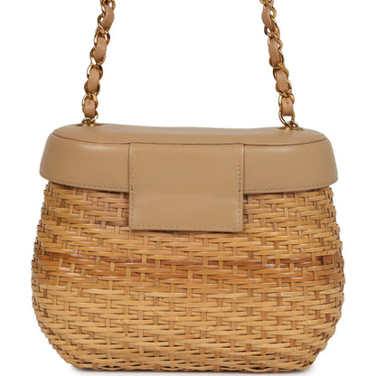 Vintage Chanel Basket Bag Beige Lambskin and Rattan Wicker Gold Hardware