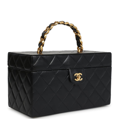 Vintage Chanel Large Rectangular Box Vanity Black Lambskin Gold Hardware