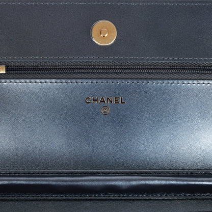 Chanel Wallet on Chain WOC Dark Blue Iridescent Calfskin Antique Gold Hardware