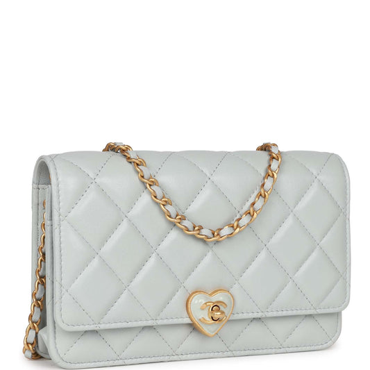 Chanel Heart Wallet on Chain WOC Light Blue Lambskin Aged Gold Hardware