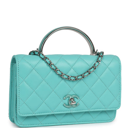 Chanel Top Handle Wallet On Chain WOC Turquoise Lambskin Silver Hardware