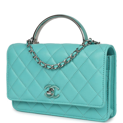 Chanel Top Handle Wallet On Chain WOC Turquoise Lambskin Silver Hardware