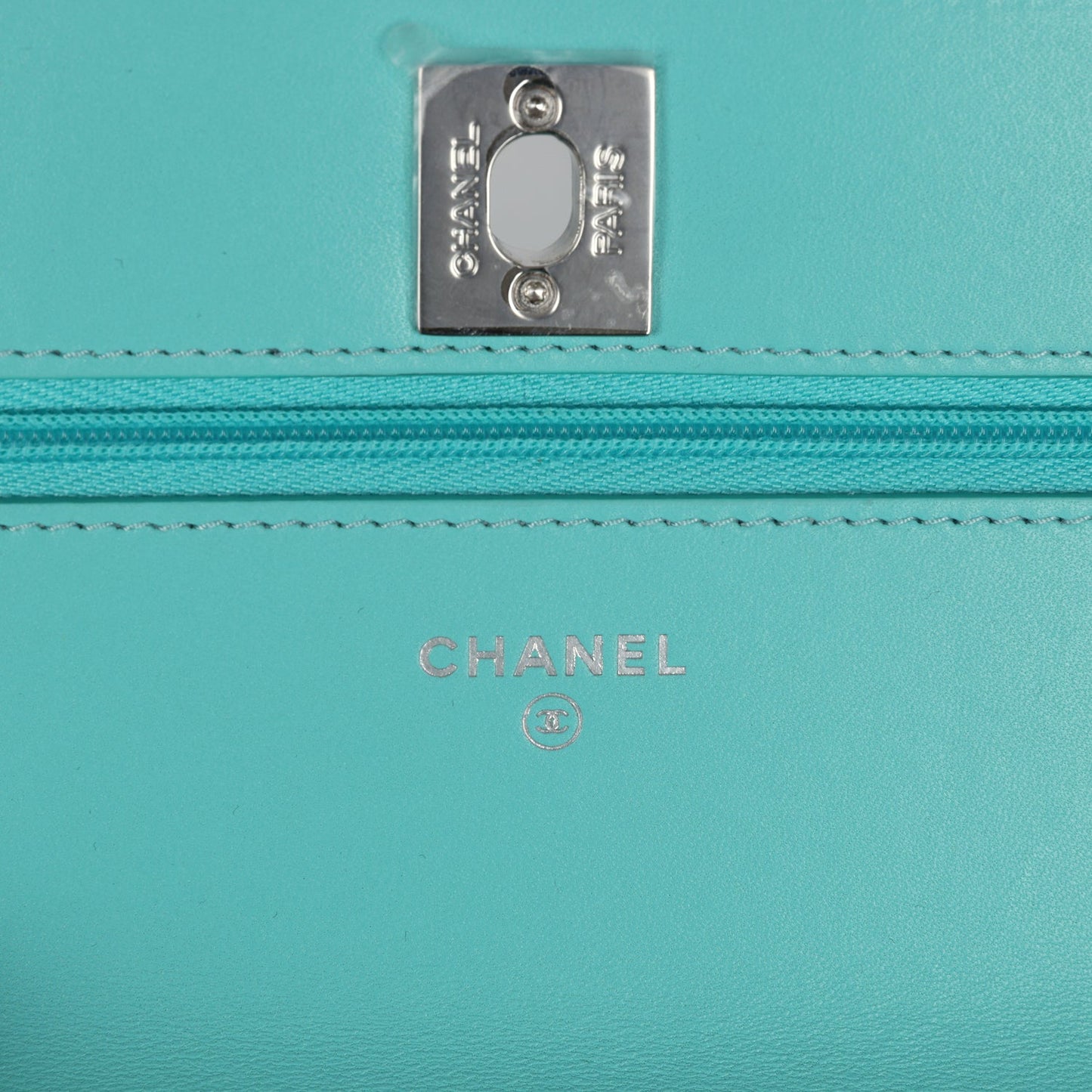 Chanel Top Handle Wallet On Chain WOC Turquoise Lambskin Silver Hardware