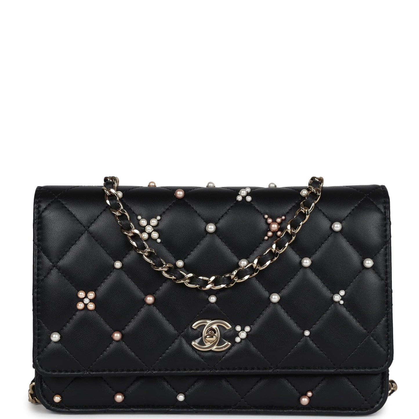 Chanel Pearl Studded Wallet On Chain (WOC) Black Lambskin Light Gold Hardware