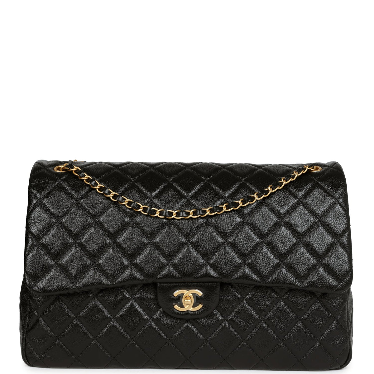 Chanel XXL Classic Single Flap Bag Black Shiny Aged Calfskin Brushed Gold Hardware