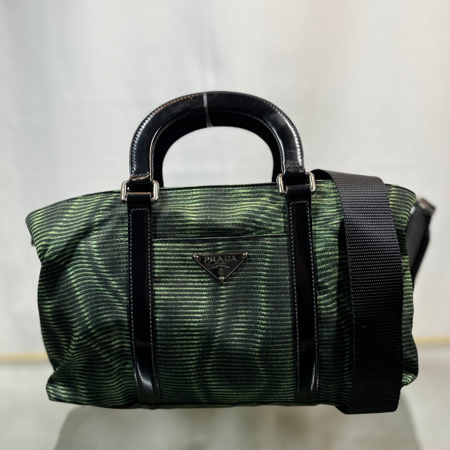 Prada Black Green Striped Nylon Two-Way Tote Bags