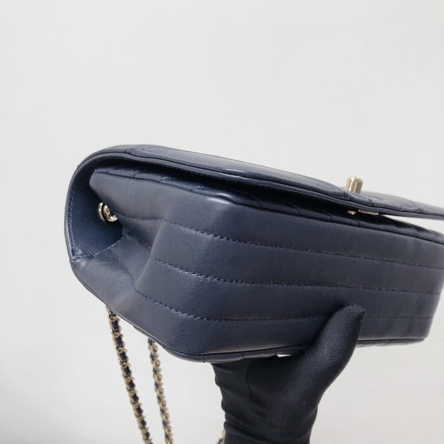 Calfskin Chevron Quilted Mini Statement Flap Navy Blue