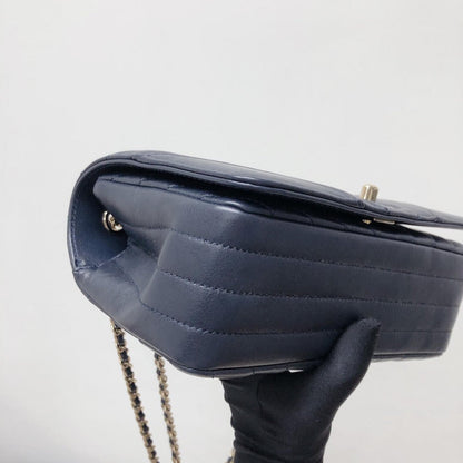 Calfskin Chevron Quilted Mini Statement Flap Navy Blue