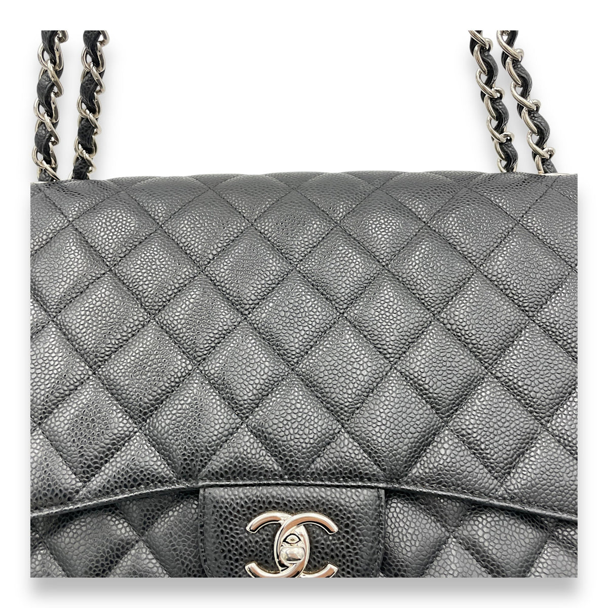 Classic Flap Maxi Black Shoulder Bag in Caviar Leather, Silver hardware