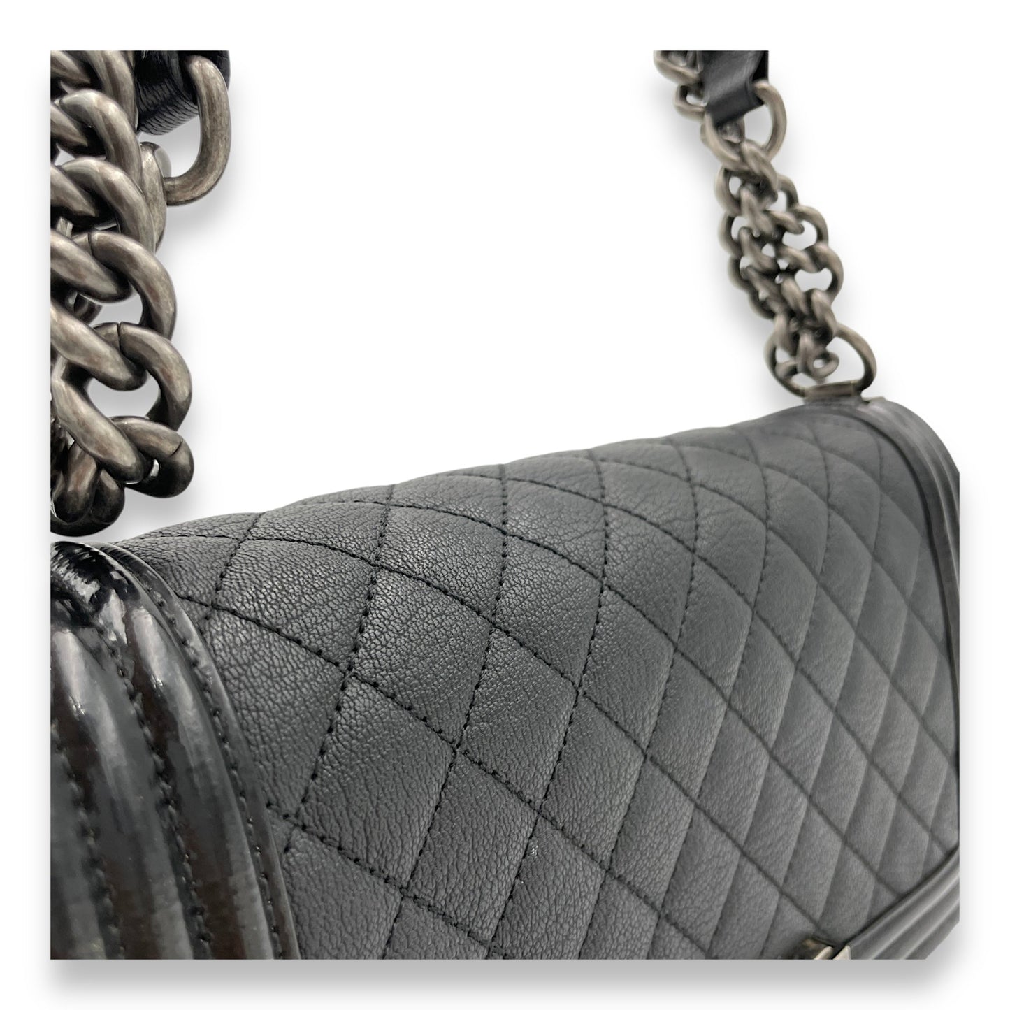 Boy Old Medium Black Shoulder Bag in Goat Leather, Ruthenium hardware