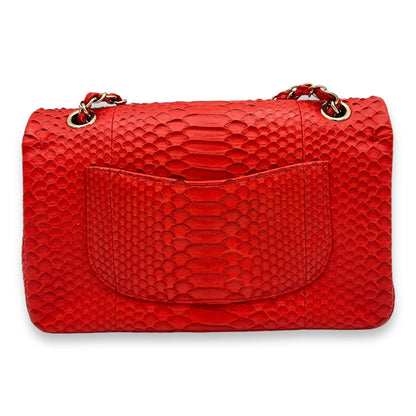 Classic Double Flap Medium Red Shoulder Bag in Python Leather, Gold hardware