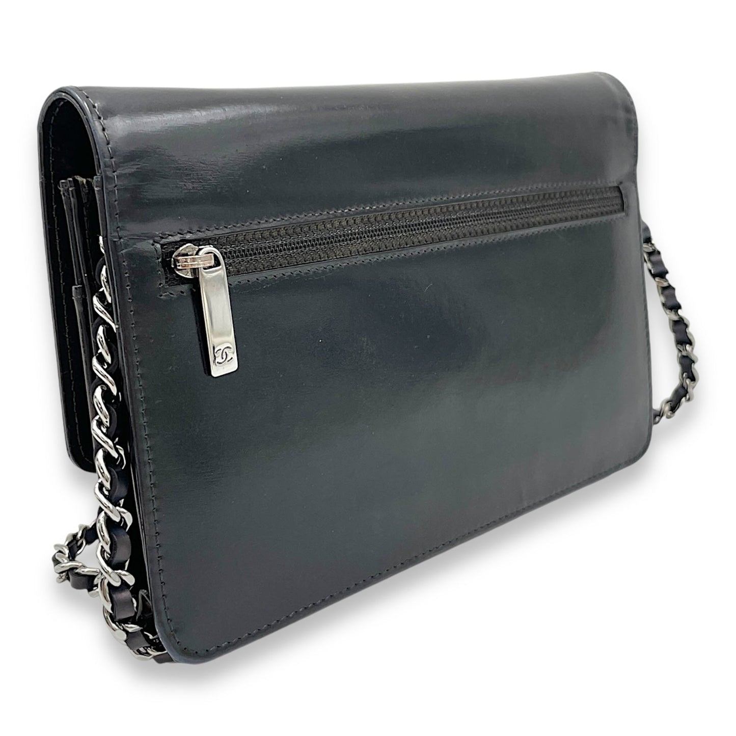 CC Wallet On Chain Black in Patent Leather, Silver hardware