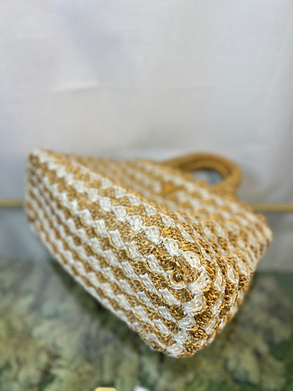 Prada Canapa Woven Crochet Tan Raffia Tote Bags