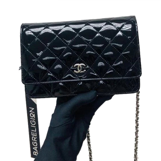 Wallet on Chain WOC with SHW in Black Quilted Patent Leather