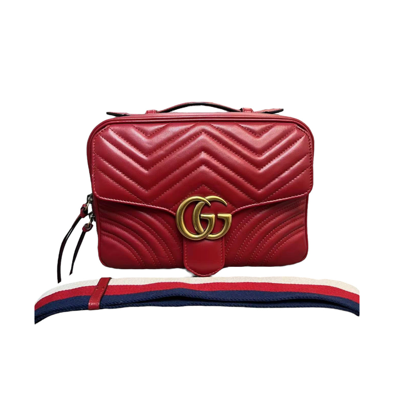Gucci Medium GG Marmont Matelasse Chevron Top Handle Red GHW
