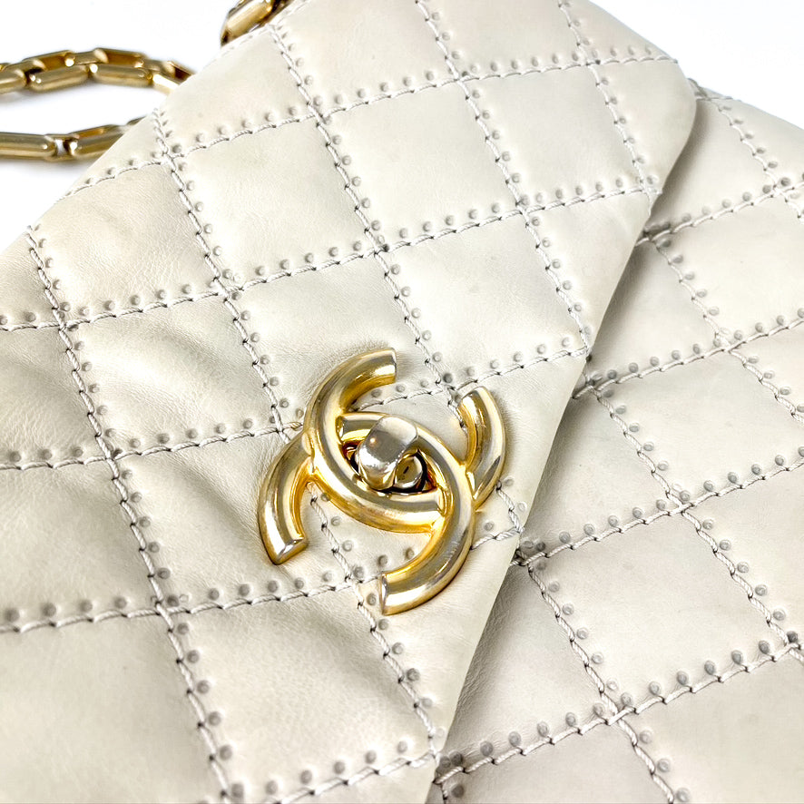Calfskin Quilted Medium Wild Stitch Flap Beige