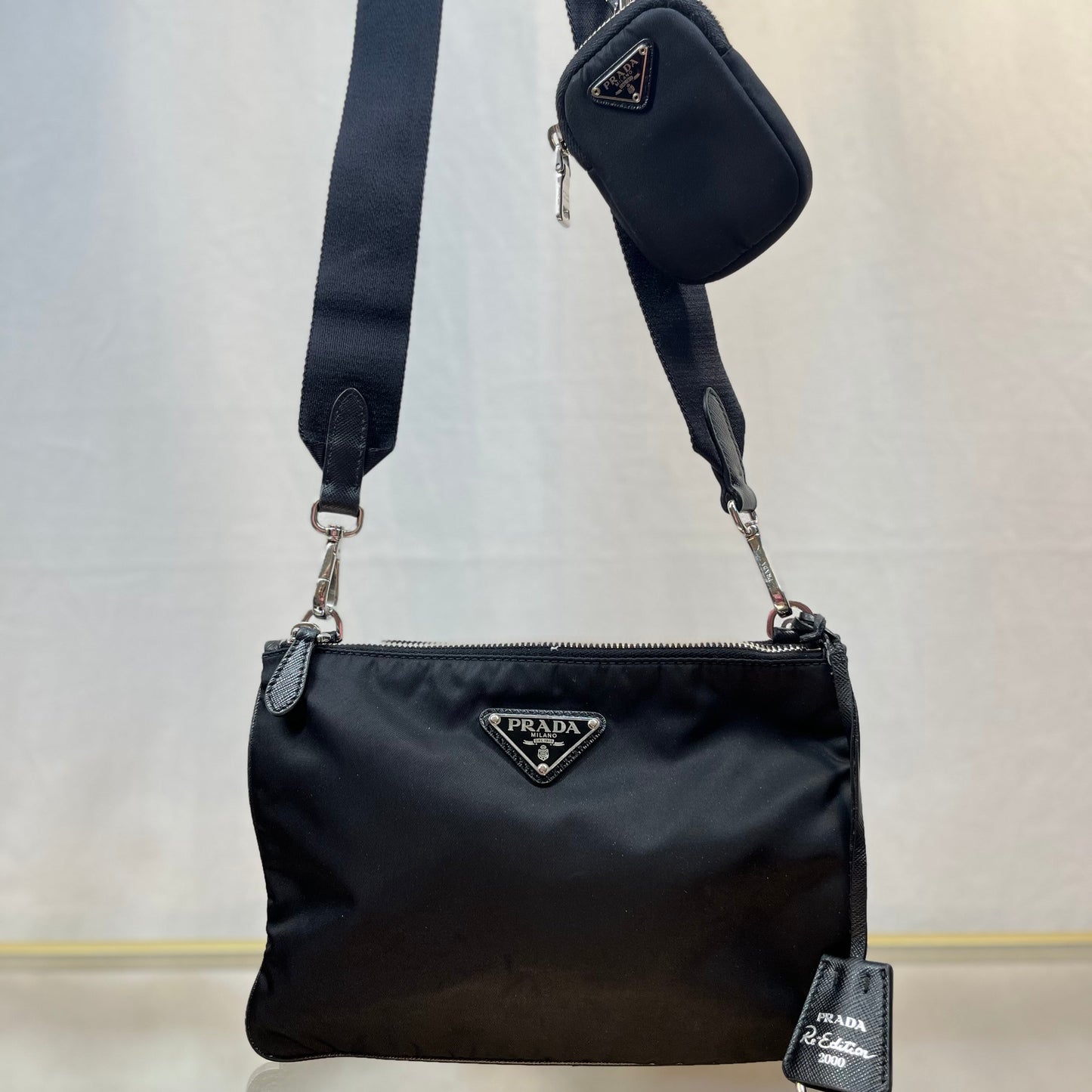 Prada Re-Edition 2000 Double Zip Black Re-Nylon Shoulder Bags