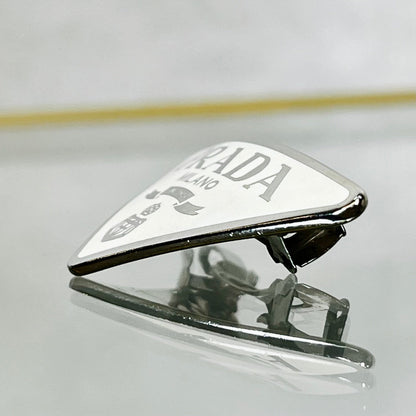 Prada White Silver Metal Enamel Triangle Logo Hair Clip