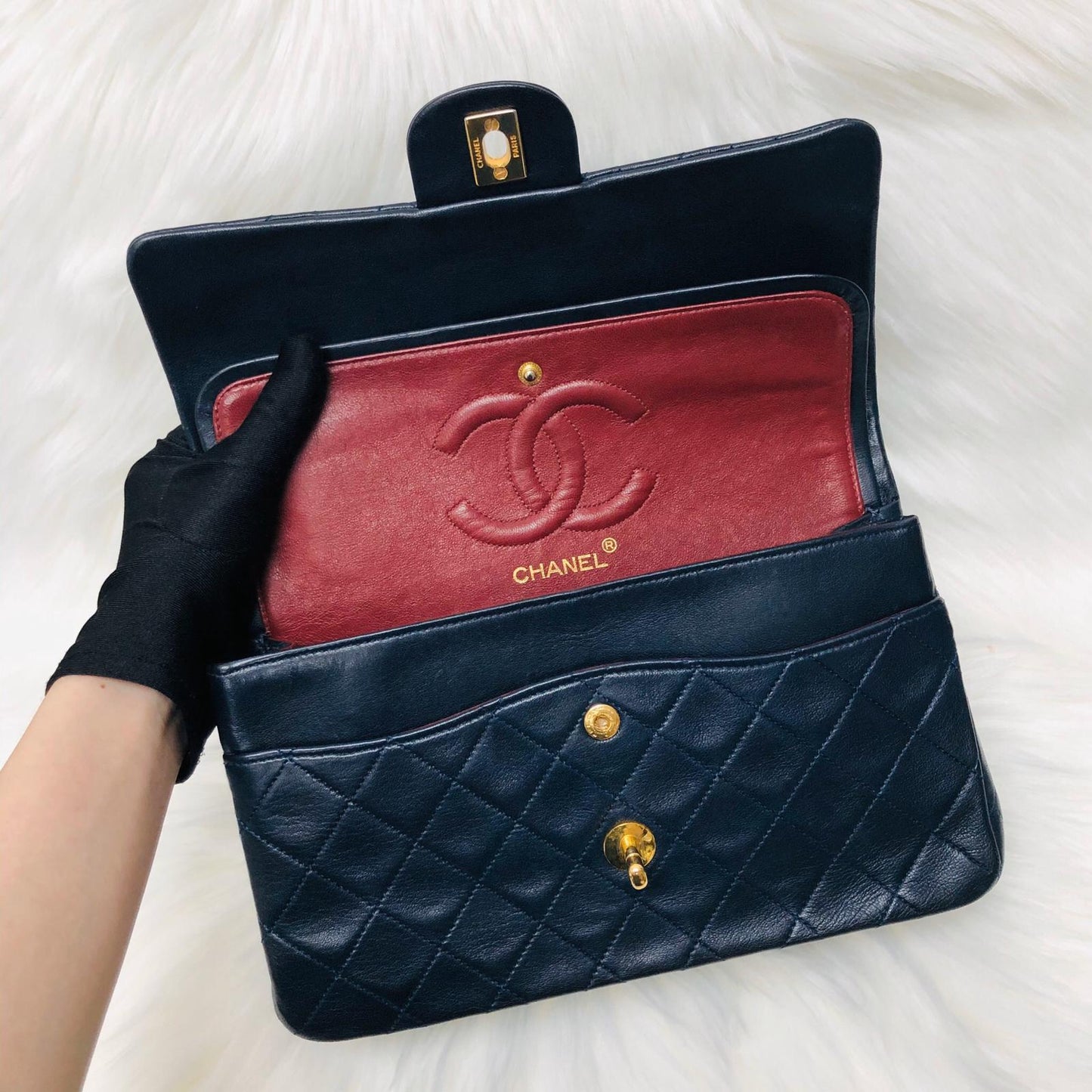 Vintage Lambskin Double Flap 25CM with GHW Dark Blue