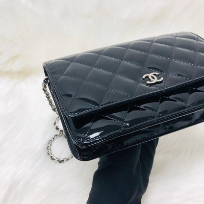 Wallet on Chain WOC with SHW in Black Quilted Patent Leather