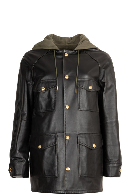 CELINE Parka Jacket Leather Black Green