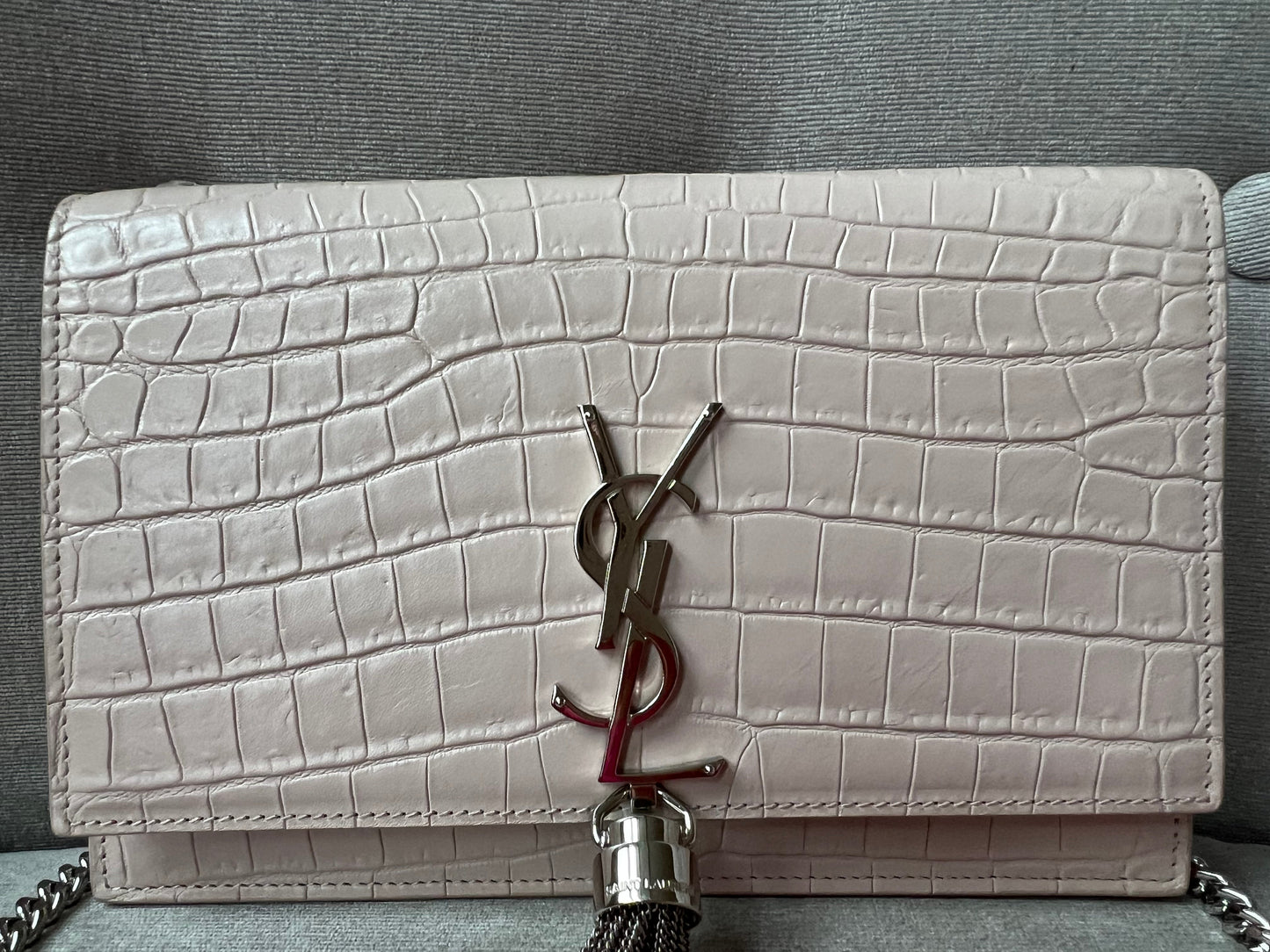 Yves Saint Laurent (YSL) Pale Pink Croc Kate Chain Wallet Silver Hardware