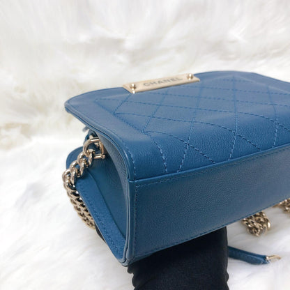 Grained Calfskin Stitched Mini Label Click Shopper Tote in Blue