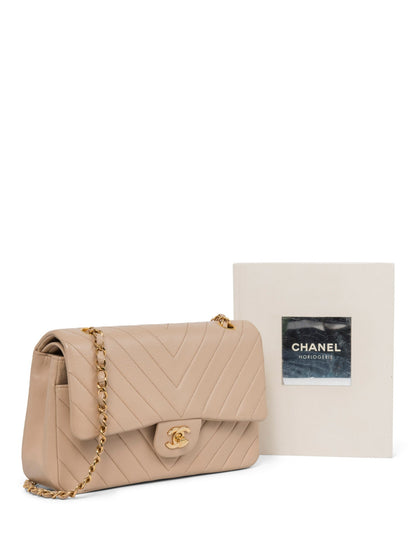 Chanel . Chevron Quilted K Gold Plated Medium Double Flap Bag Beige