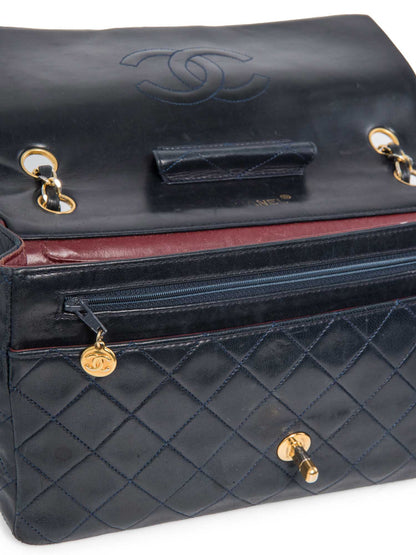 Chanel . Quilted K Gold Plated Medium Flap Bag Navy Blue