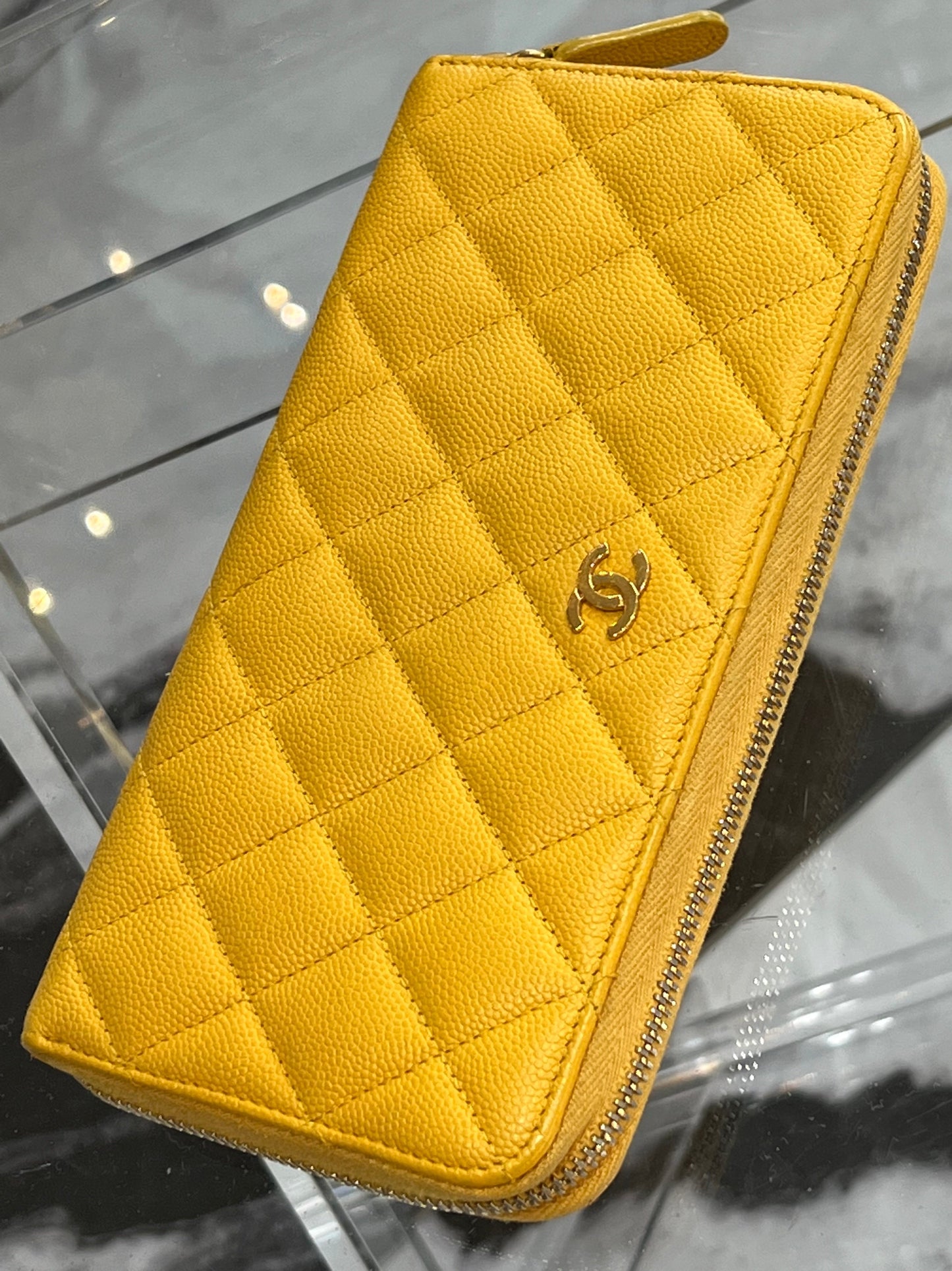 CHANEL CC QUILTED CAVIAR YELLOW ZIP AROUND WALLET