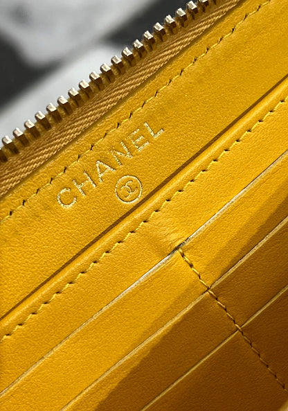 CHANEL CC QUILTED CAVIAR YELLOW ZIP AROUND WALLET