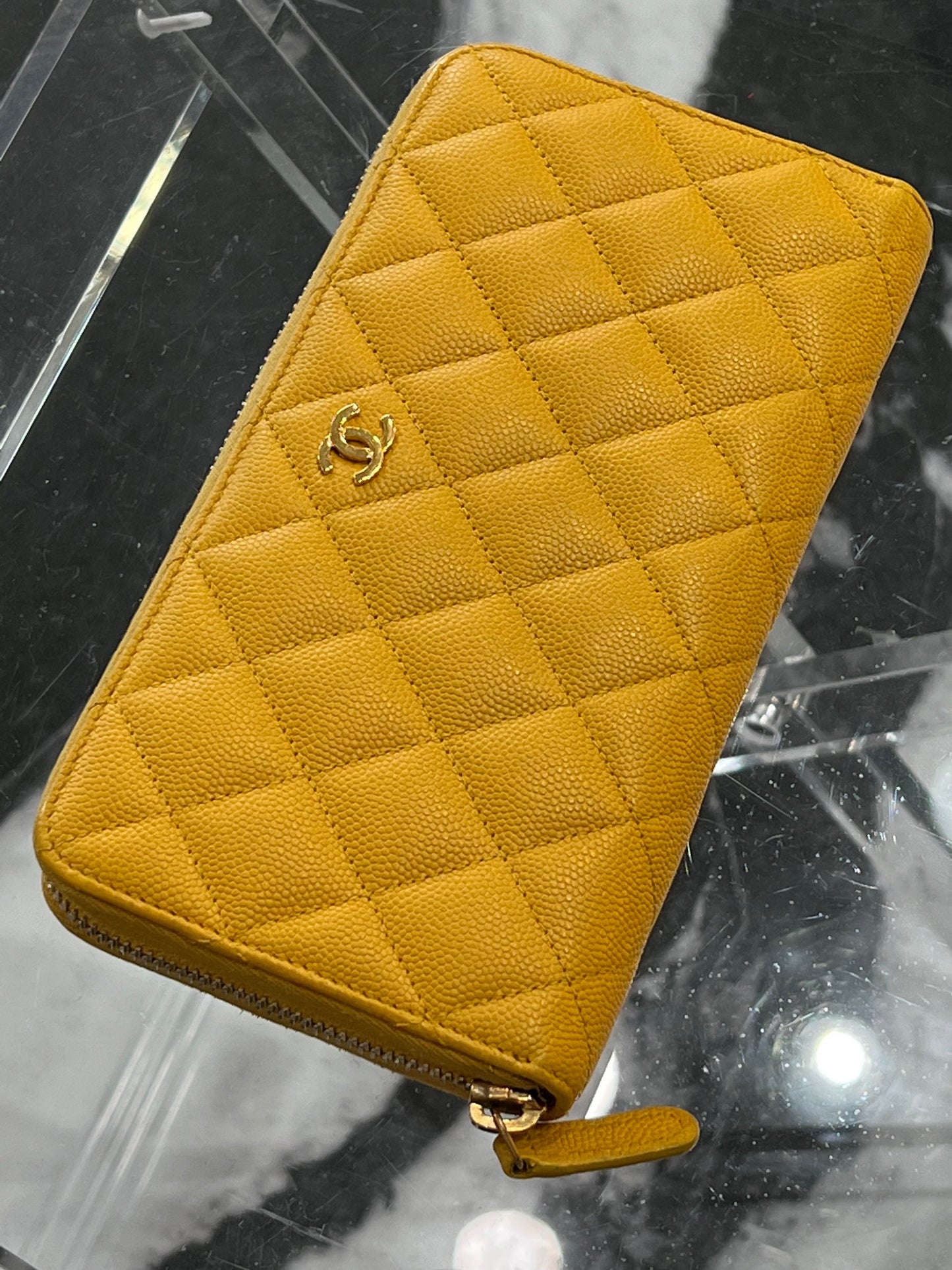 CHANEL CC QUILTED CAVIAR YELLOW ZIP AROUND WALLET