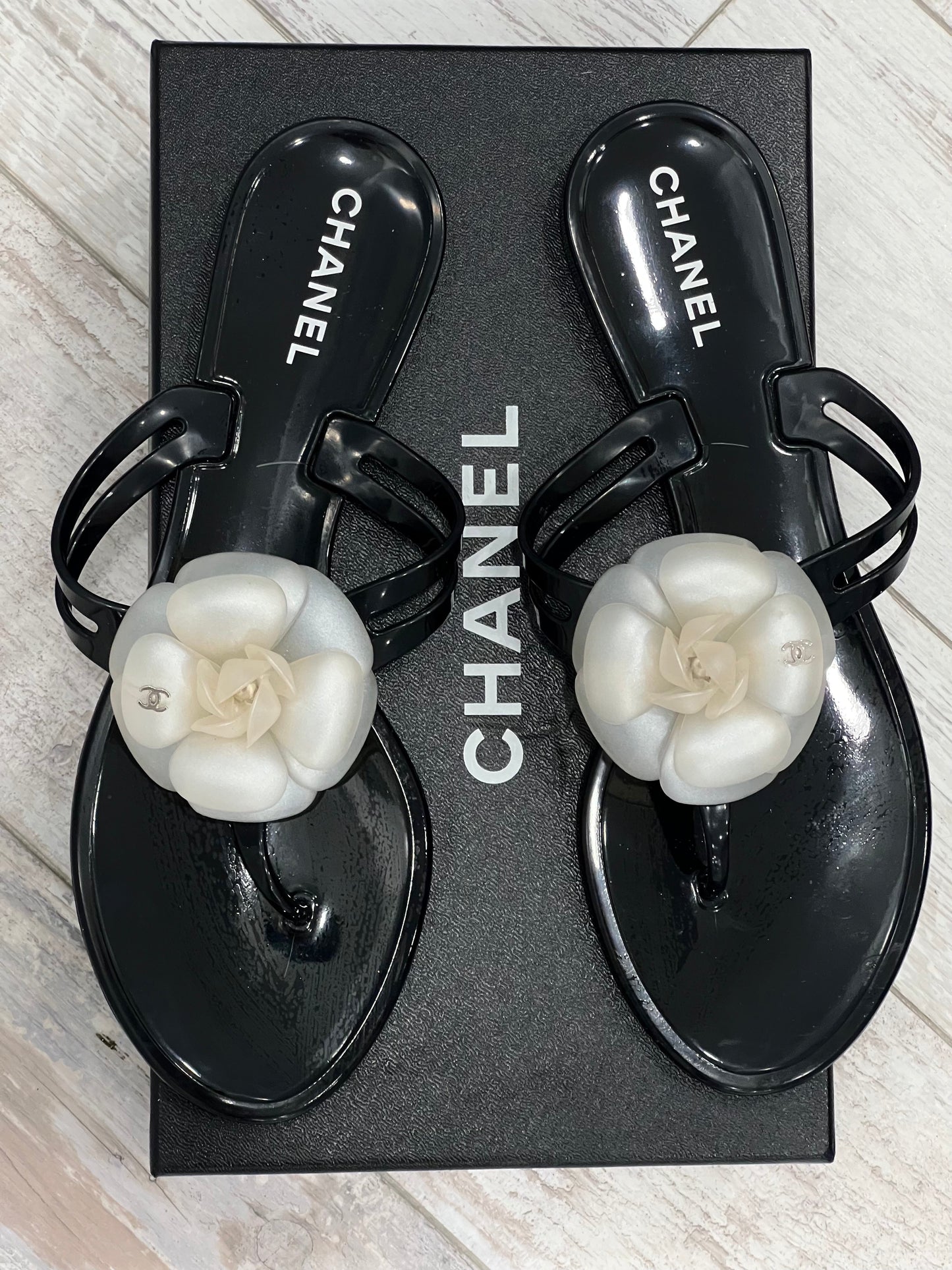 CHANEL CC JELLY CAMELLIA THONG SANDALS