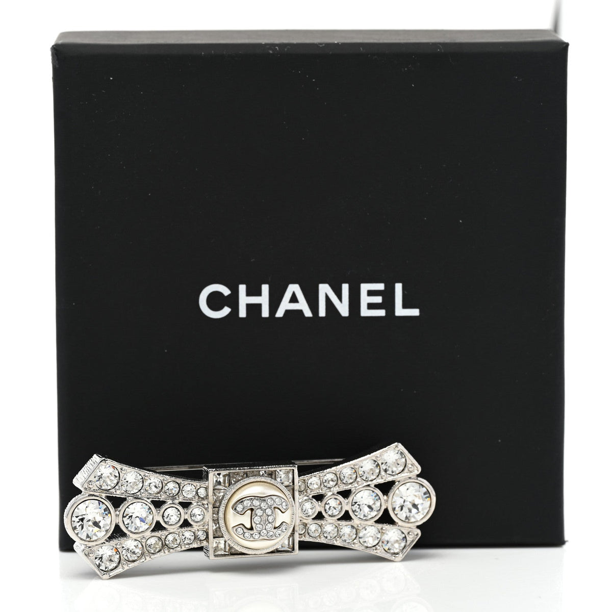 CHANEL CC LOGO CRYSTAL BOW BROOCH HAIR PIN