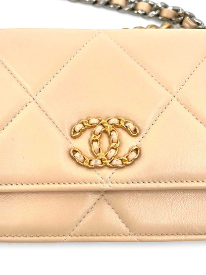 Chanel CC Logo  Quilted Lambskin Leather Wallet On Chain Beige